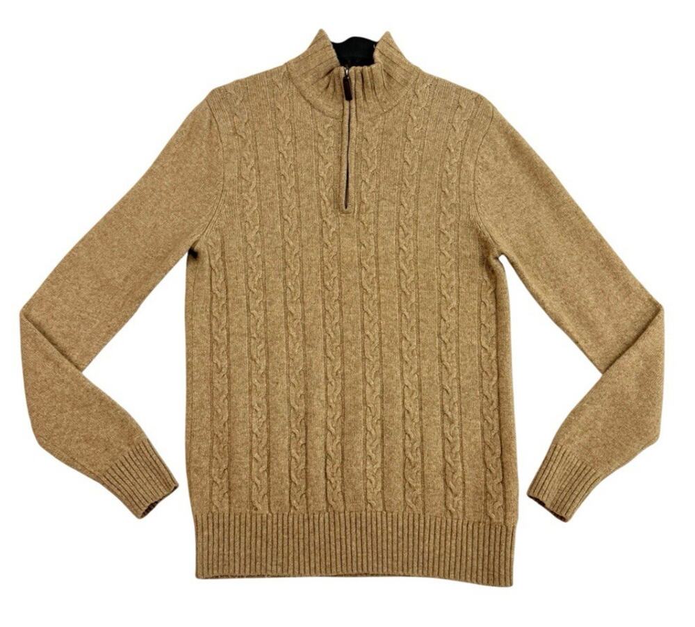 Rochas Paris Mens Sweater M Brown Lambs Wool Cable Knit 1/4 Zip Mock Neck